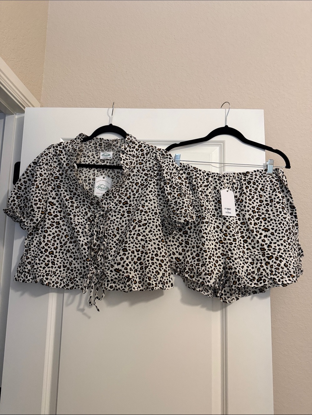 Very J Leopard Print Ruffle Tie-Front Top & Shorts- Shorts are lined